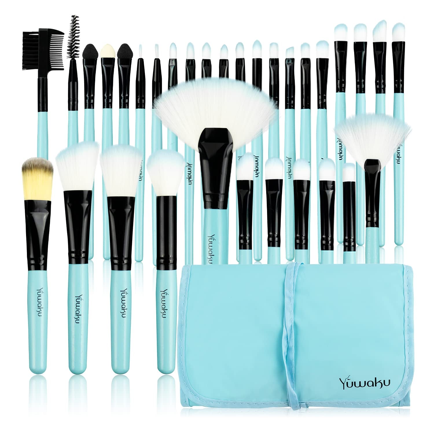 32Pcs Premium Blue Makeup Brush Set - Foundation, Blush, Eyeshadow & More + Travel Bag