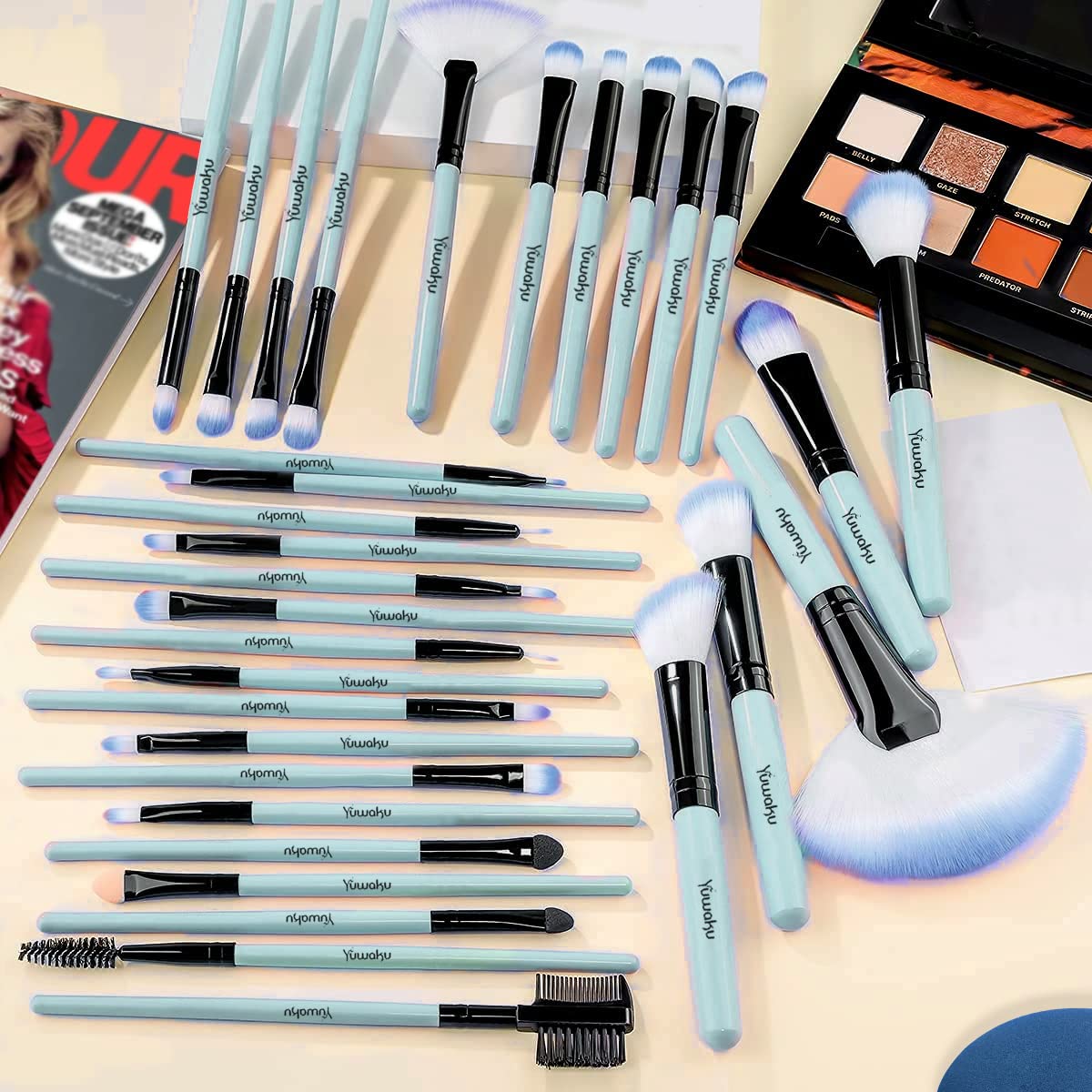 32Pcs Premium Blue Makeup Brush Set - Foundation, Blush, Eyeshadow & More + Travel Bag